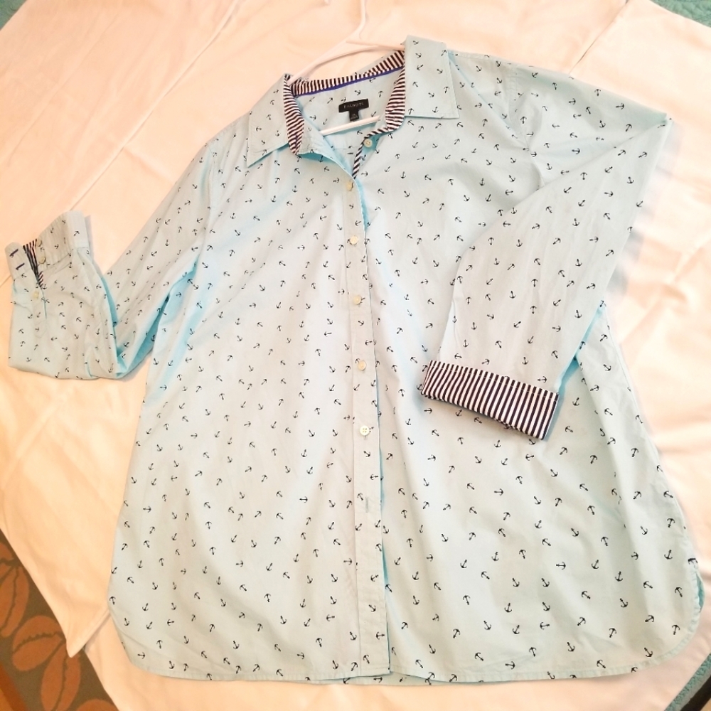 Talbots Aqua blouse with navy anchors and striped cuff, size XL